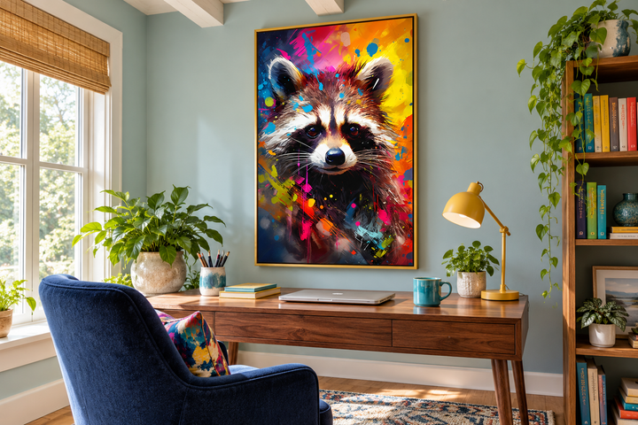 Raccoon colorful pop art graffiti framed canvas wall art hanging above a wooden desk in a study.