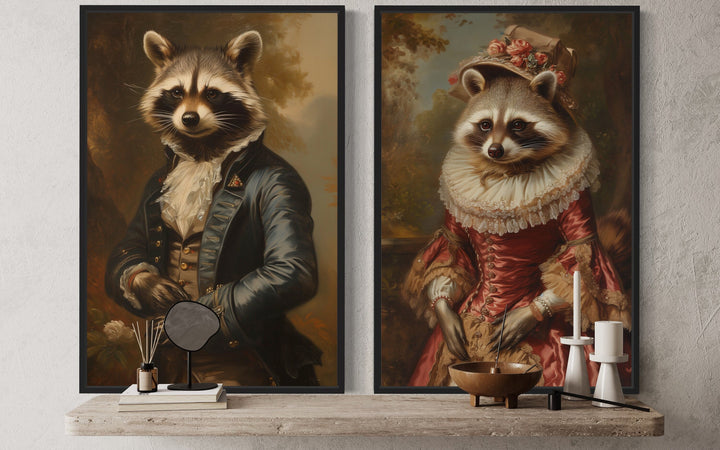 Rustic Cabin Wall Decor - Raccoons Couple Vintage Victorian Portrait Framed Canvas Wall Art