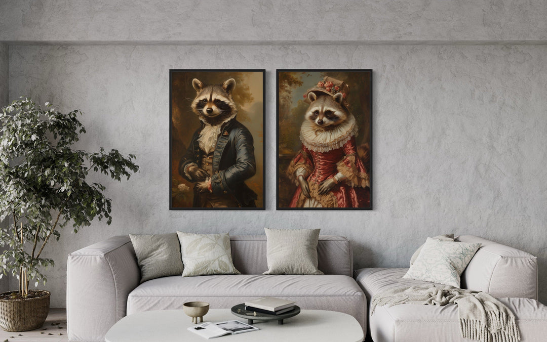 Rustic Cabin Wall Decor - Raccoons Couple Vintage Victorian Portrait Framed Canvas Wall Art