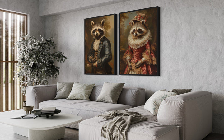 Rustic Cabin Wall Decor - Raccoons Couple Vintage Victorian Portrait Framed Canvas Wall Art