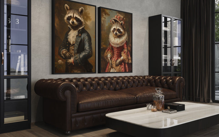 Rustic Cabin Wall Decor - Raccoons Couple Vintage Victorian Portrait Framed Canvas Wall Art