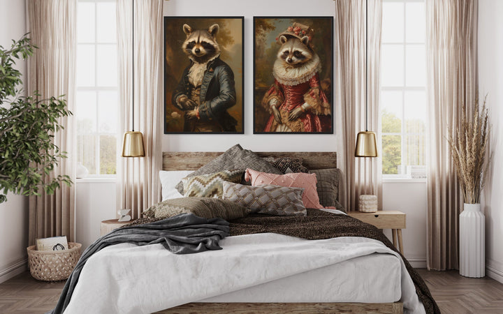 Rustic Cabin Wall Decor - Raccoons Couple Vintage Victorian Portrait Framed Canvas Wall Art