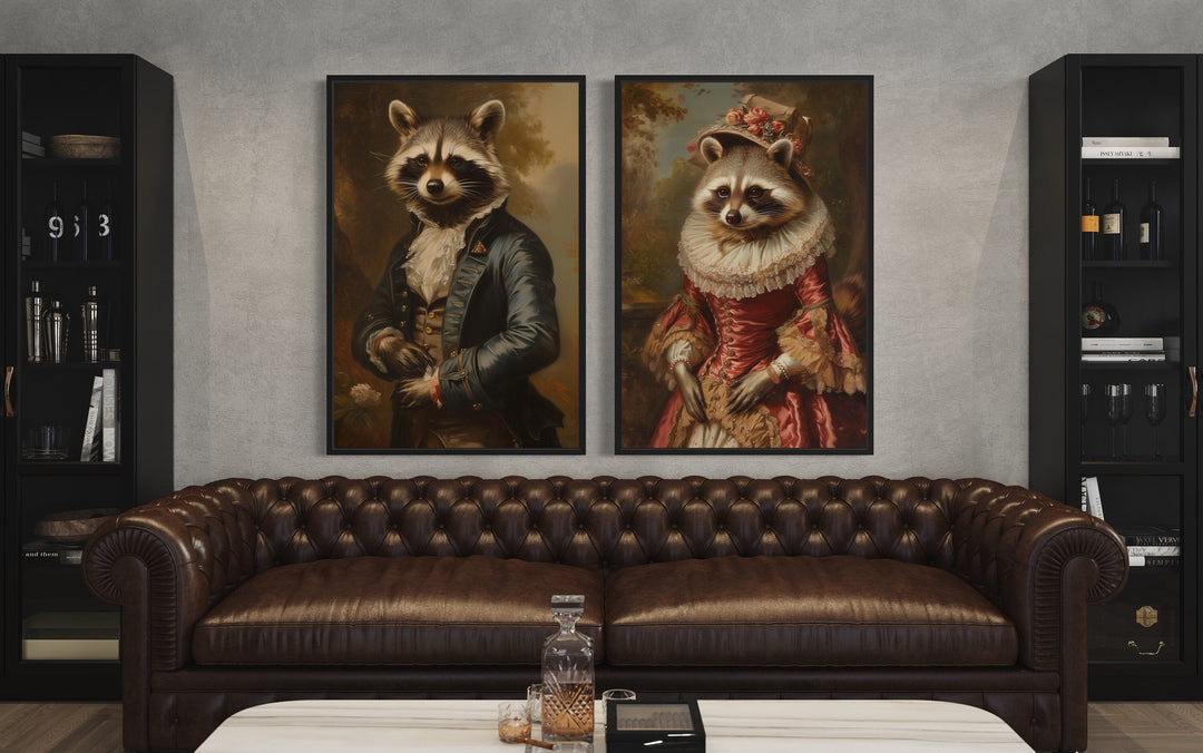 Rustic Cabin Wall Decor - Raccoons Couple Vintage Victorian Portrait Framed Canvas Wall Art