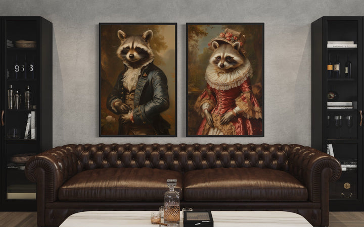 Rustic Cabin Wall Decor - Raccoons Couple Vintage Victorian Portrait Framed Canvas Wall Art