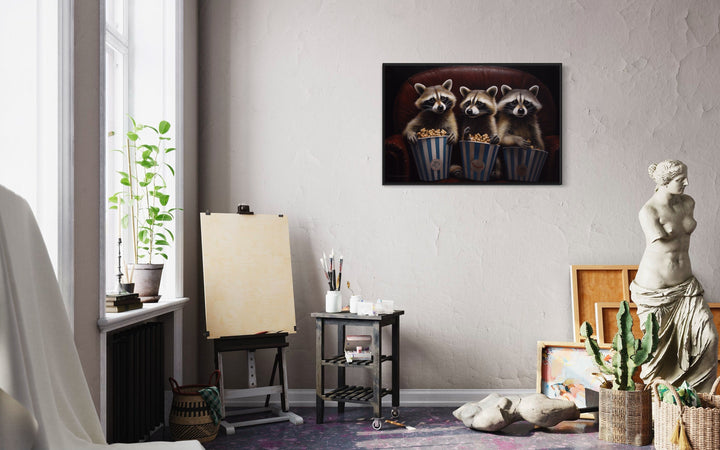 Raccoons In Movie Theater Eating Popcorn Home Theater Framed Canvas Wall Art