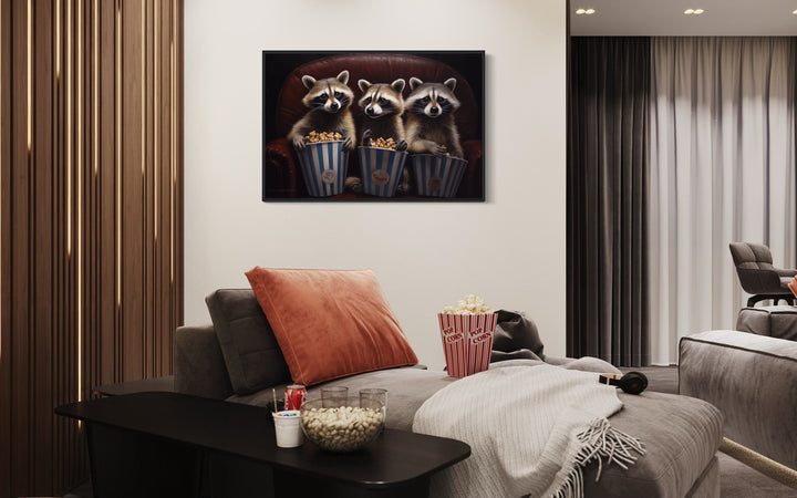 Raccoons In Movie Theater Eating Popcorn Home Theater Framed Canvas Wall Art