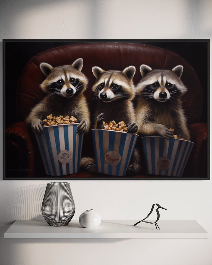 Raccoons In Movie Theater Eating Popcorn Home Theater Framed Canvas Wall Art