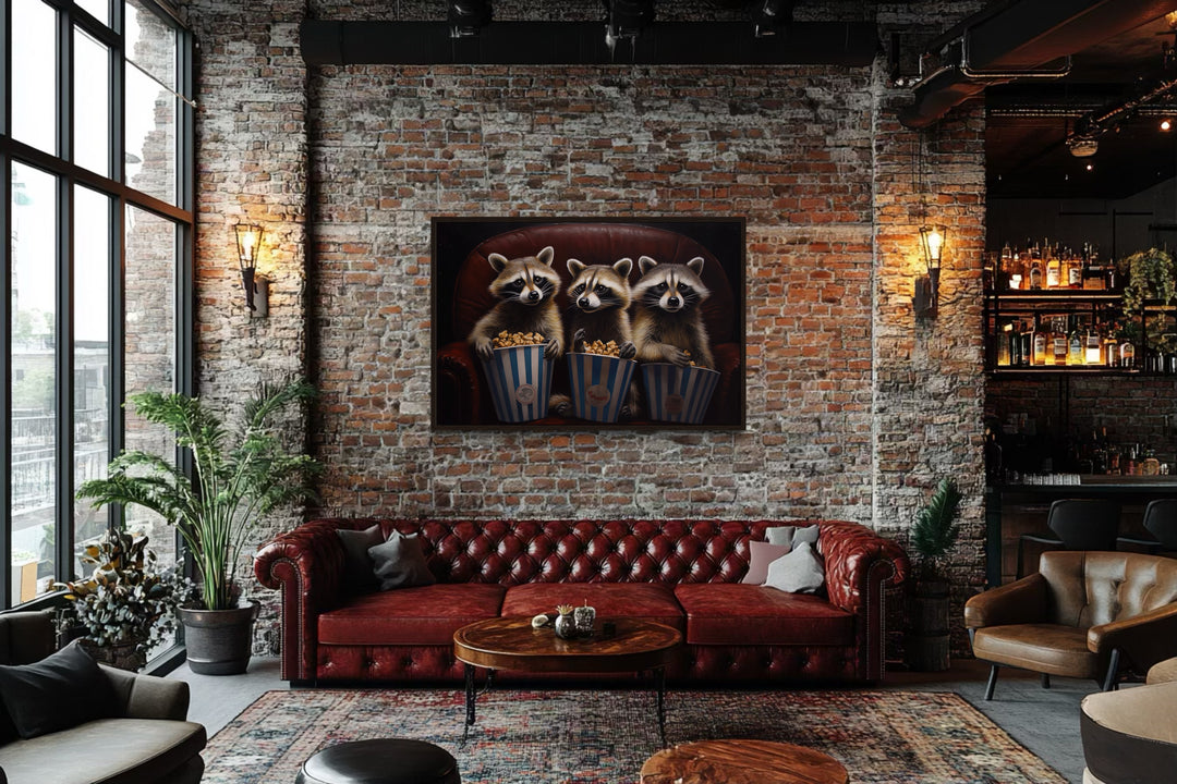 Raccoons In Movie Theater Eating Popcorn Home Theater Framed Canvas Wall Art