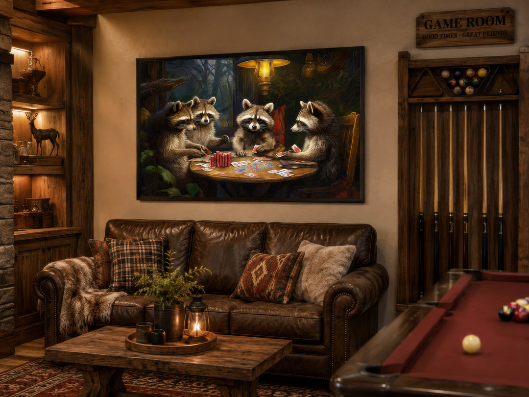 Raccoons playing poker framed canvas wall art hanging above a leather sofa in a rustic game room.