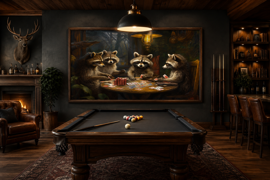 Framed canvas wall art of raccoons playing poker, hanging in a rustic man cave above a pool table.