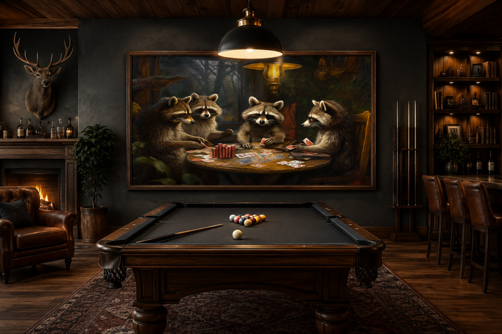 Framed canvas wall art of raccoons playing poker, hanging in a rustic man cave above a pool table.