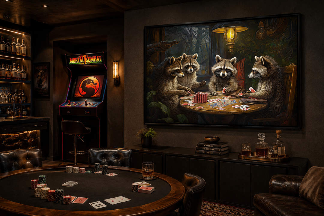 Raccoons playing poker framed canvas wall art displayed in a dark, cozy game room with poker table.