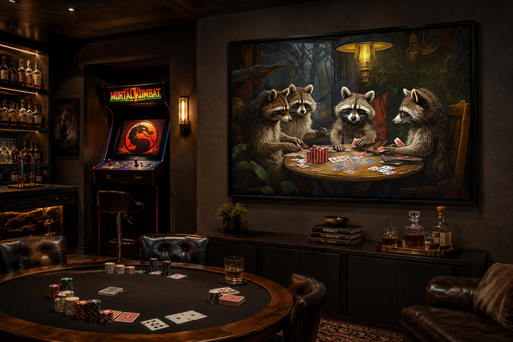 Raccoons playing poker framed canvas wall art displayed in a dark, cozy game room with poker table.