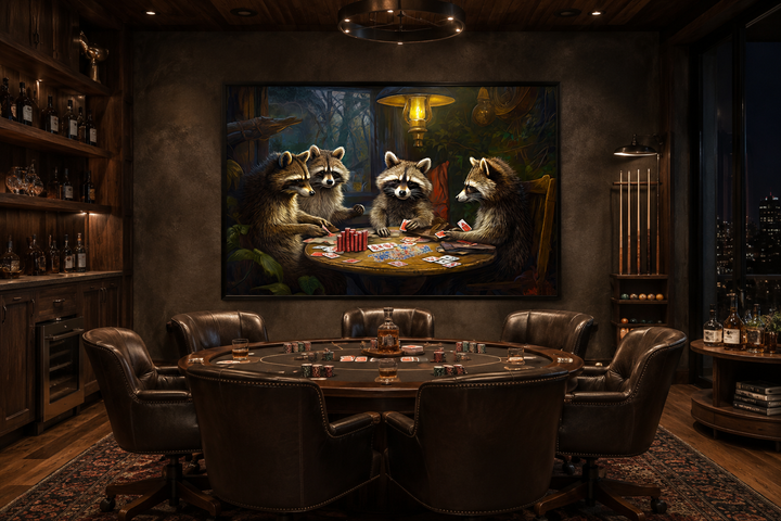 Framed canvas wall art of raccoons playing poker hanging in a dark, wood-paneled game room.