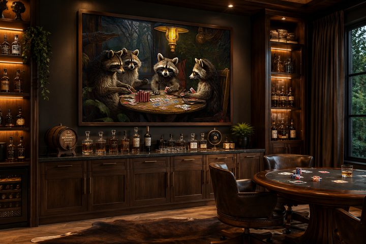 Framed canvas wall art of raccoons playing poker in a dark, wood-paneled game room.