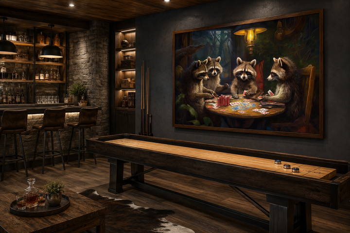 Raccoons playing poker framed canvas wall art hanging in a rustic man cave above a shuffleboard.