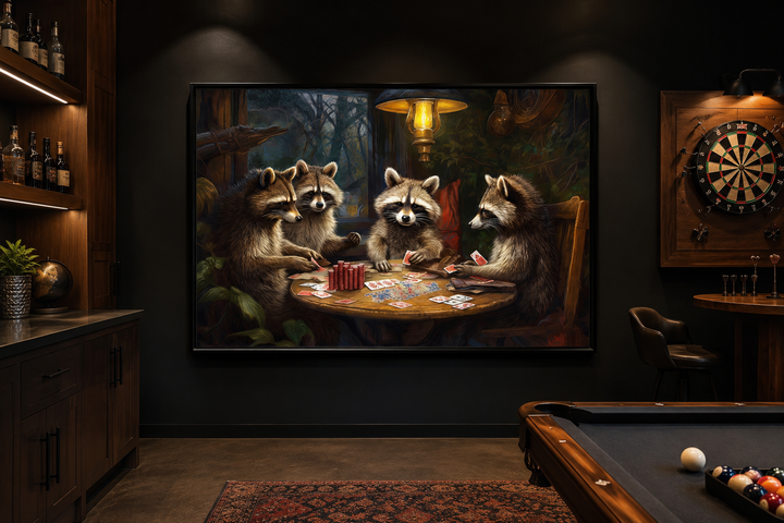 Framed canvas wall art of four raccoons playing poker in a dark, rustic man cave setting.
