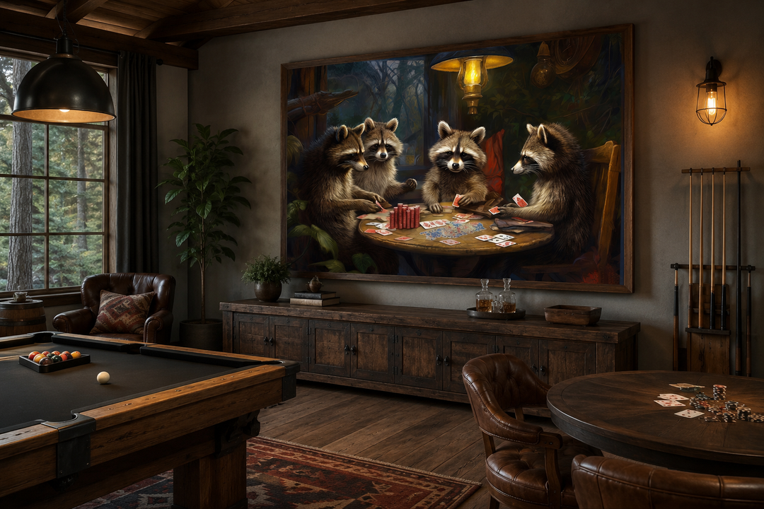 Framed canvas wall art of raccoons playing poker in a rustic man cave with a pool table.