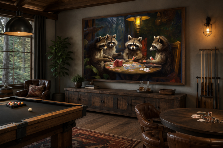 Framed canvas wall art of raccoons playing poker in a rustic man cave with a pool table.