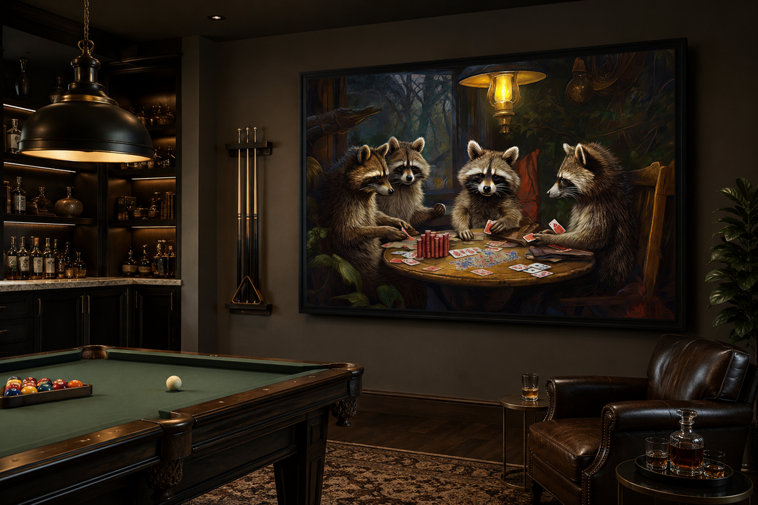 Framed canvas wall art of four raccoons playing poker in a dark, cozy man cave setting.