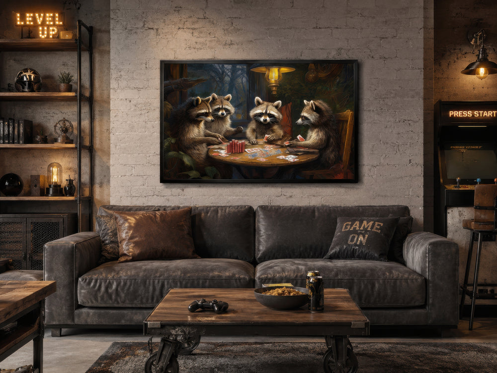 Raccoons playing poker framed canvas wall art hanging in a rustic man cave above a leather sofa.