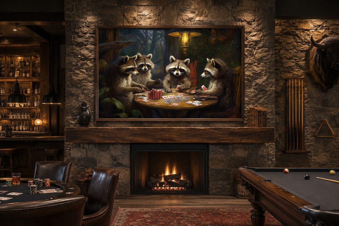 Raccoons Playing Poker framed canvas wall art displayed above a fireplace in a rustic man cave.
