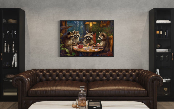 Raccoons Playing Poker Framed Canvas Wall Art For Man Cave Decor