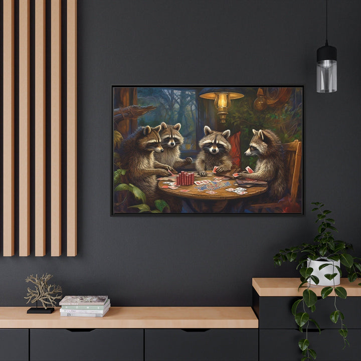 Raccoons Playing Poker Framed Canvas Wall Art For Man Cave Decor