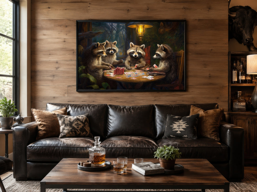 Raccoons Playing Poker framed canvas wall art above a leather sofa in a rustic man cave.