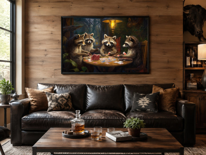 Raccoons Playing Poker framed canvas wall art above a leather sofa in a rustic man cave.