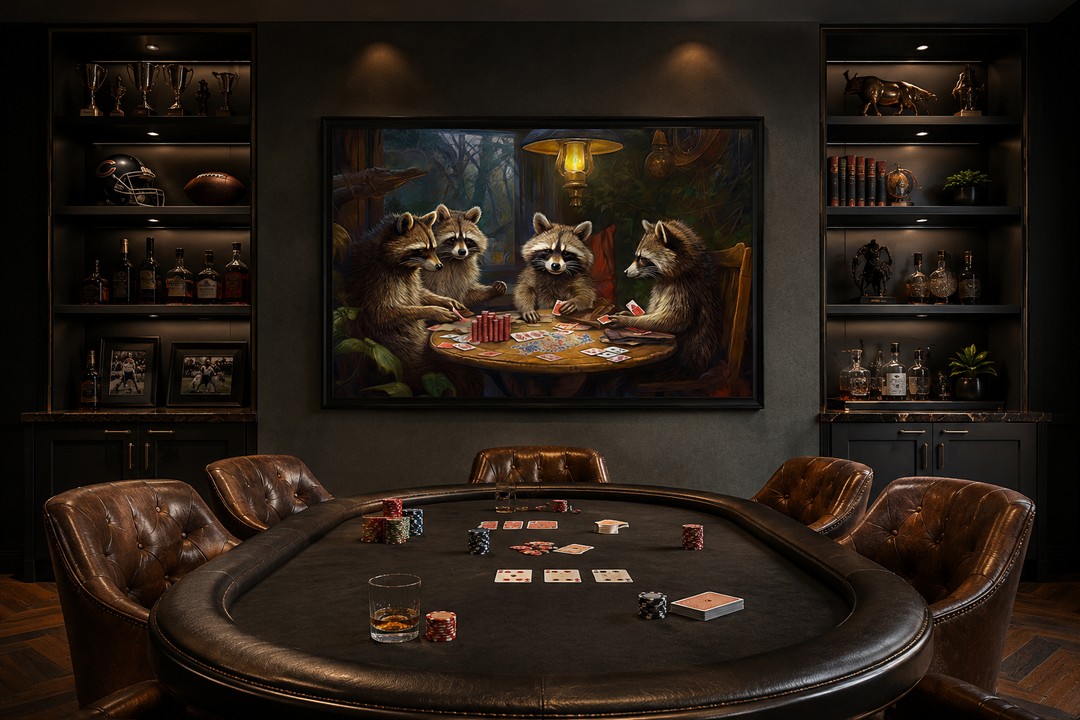 Framed canvas wall art of raccoons playing poker hanging in a dark, sophisticated man cave.