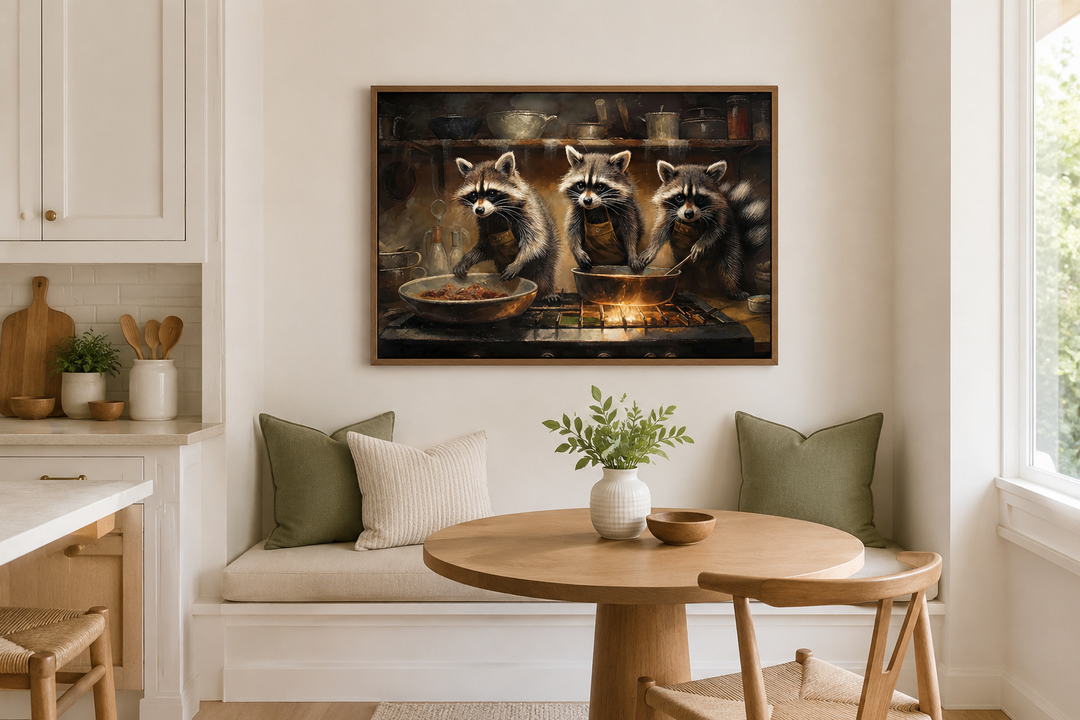Framed canvas wall art of three raccoons cooking in a rustic kitchen above a breakfast nook.