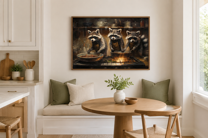 Framed canvas wall art of three raccoons cooking in a rustic kitchen above a breakfast nook.