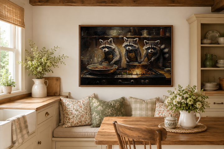 Framed canvas wall art of three raccoons cooking in a rustic kitchen, hung in a cozy dining nook.