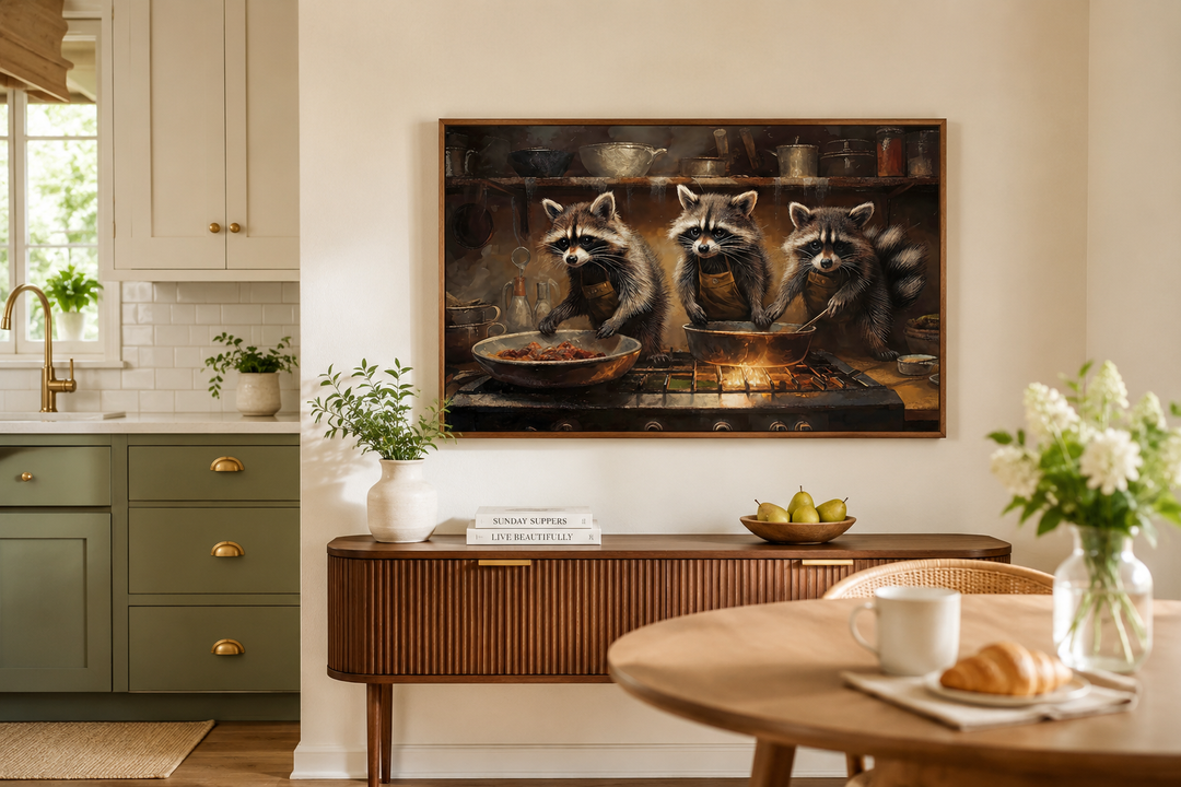 Framed canvas wall art of three raccoons cooking in a rustic kitchen, hung above a wooden sideboard.