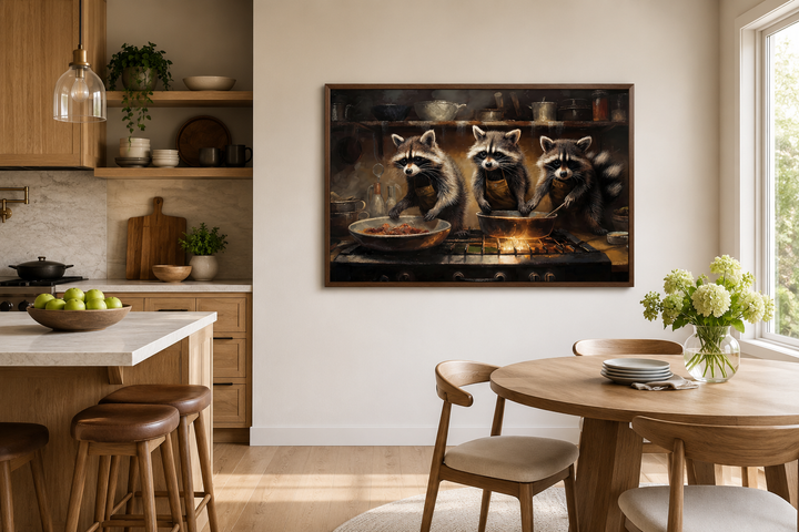 Framed canvas wall art of three raccoons cooking in a rustic kitchen, hung in a modern dining area.