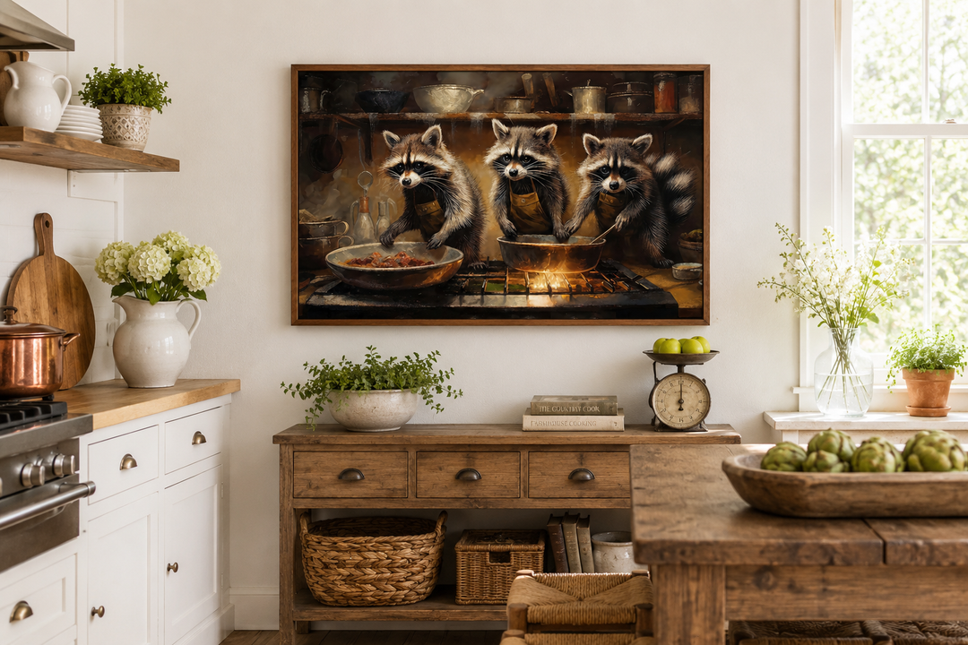 Framed canvas wall art of three raccoons cooking in a rustic kitchen, hung above a wooden sideboard.