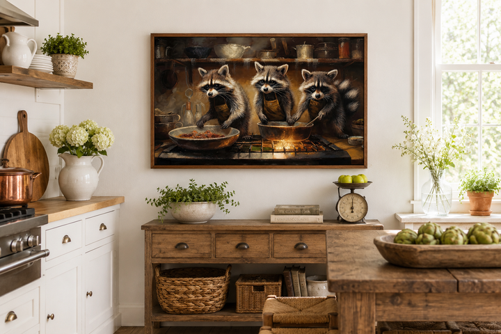 Framed canvas wall art of three raccoons cooking in a rustic kitchen, hung above a wooden sideboard.