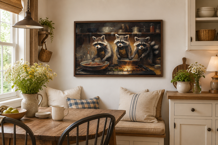 Framed canvas wall art of three raccoons cooking in a rustic kitchen, hung in a cozy dining nook.