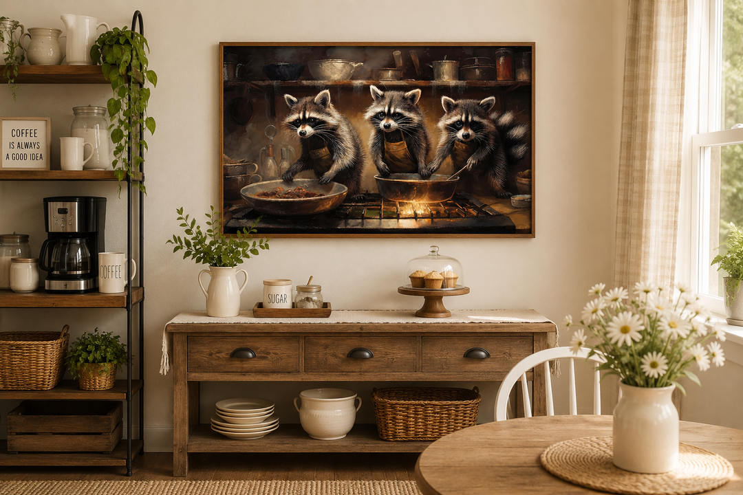 Framed canvas wall art of three raccoons cooking in a rustic kitchen, hung above a wooden sideboard.