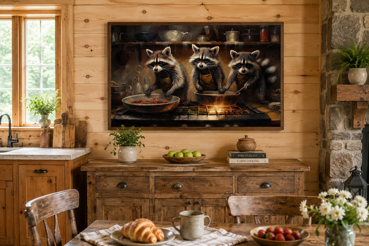 Framed canvas wall art of three raccoons cooking in a rustic kitchen, hung above a wooden sideboard.