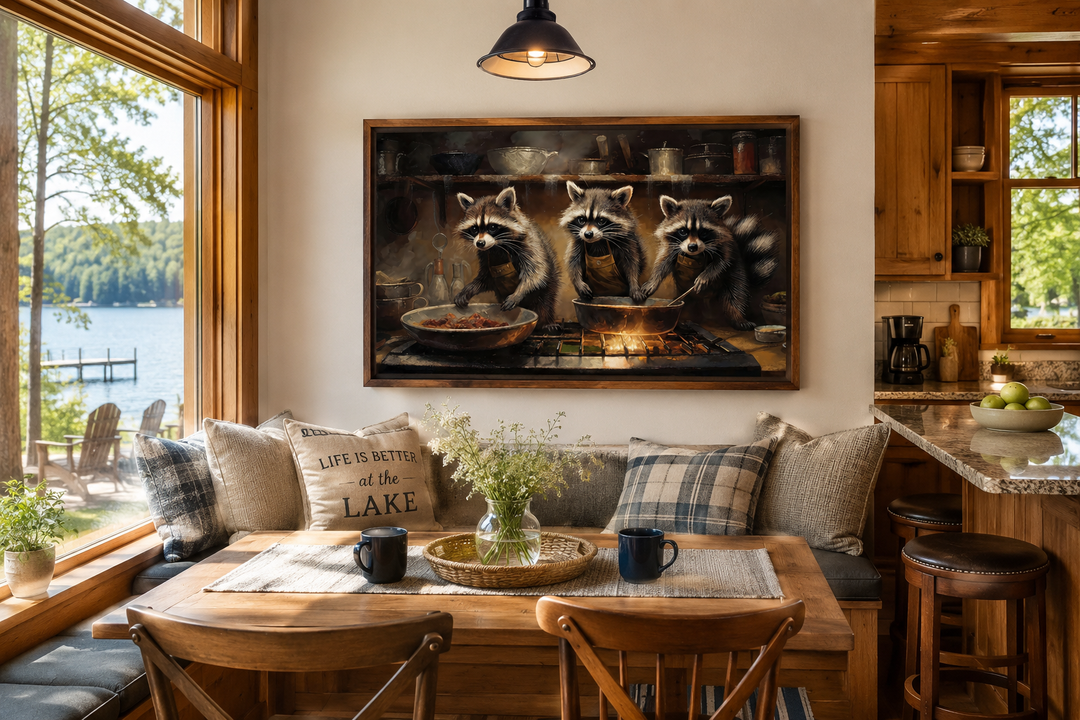 Framed canvas wall art of three raccoons cooking in a rustic kitchen, hung above a dining nook.