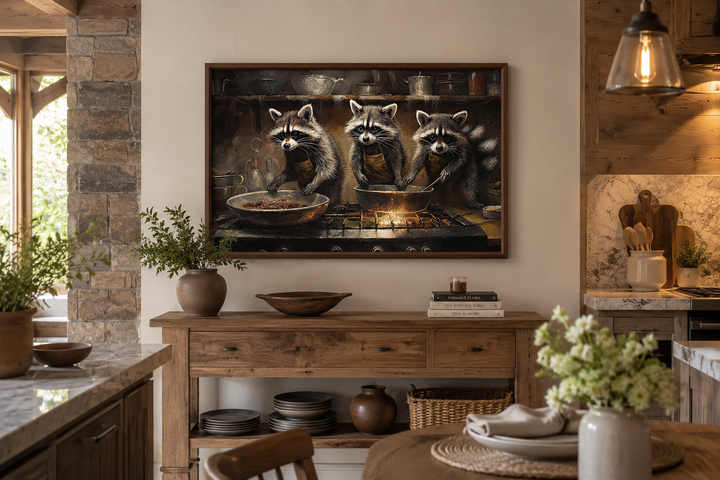 Framed canvas wall art of three raccoons cooking in a rustic kitchen, hung above a wooden sideboard.