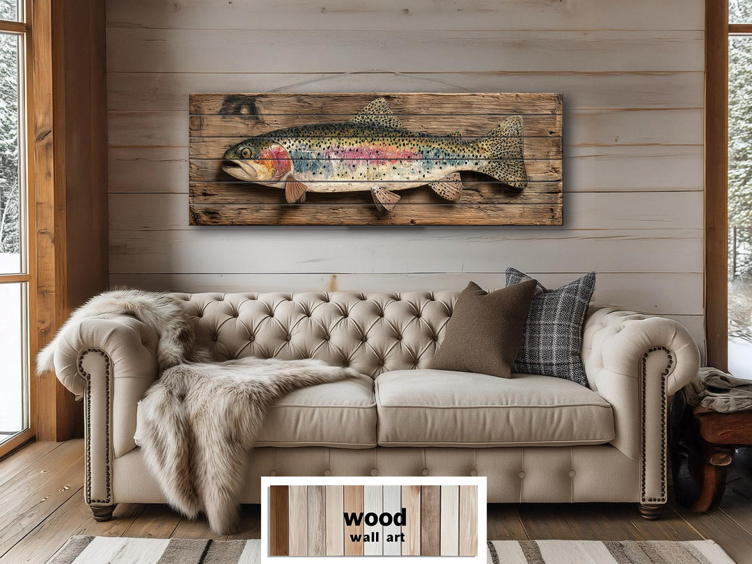 Rainbow Trout Distressed Wood Wall Art For Fishing Cabin Decor
