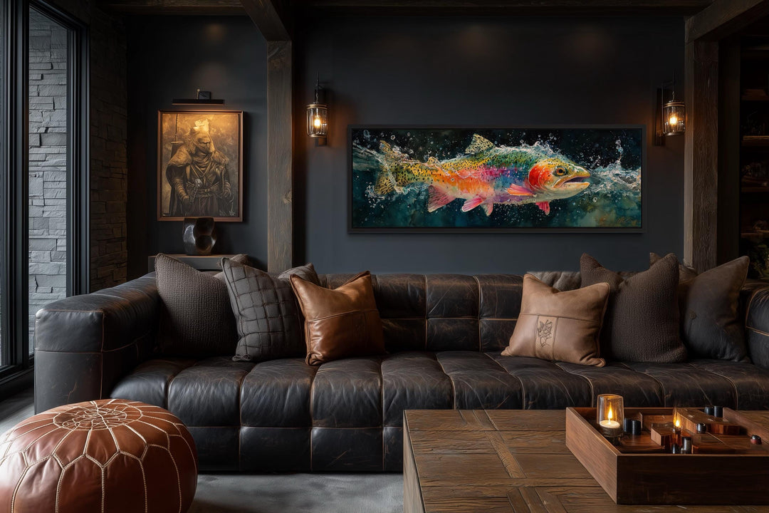 Rainbow Trout Jumping in Water Long Narrow Canvas Wall Art