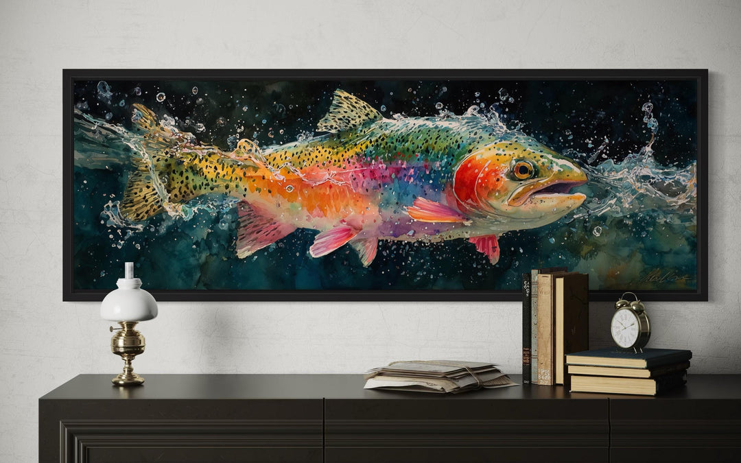 Rainbow Trout Jumping in Water Long Narrow Canvas Wall Art