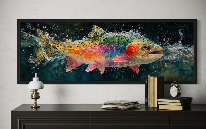 Rainbow Trout Jumping in Water Long Narrow Canvas Wall Art