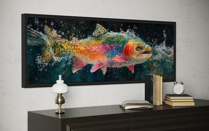 Rainbow Trout Jumping in Water Long Narrow Canvas Wall Art