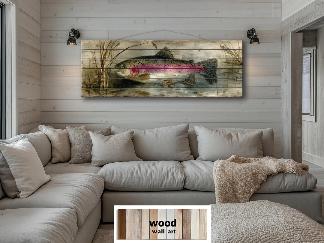 Rustic wood wall art featuring a rainbow trout scene hanging above a neutral sectional sofa.