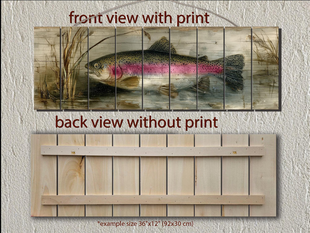 Front and back views of a rustic rainbow trout scene printed on horizontal distressed wood planks.